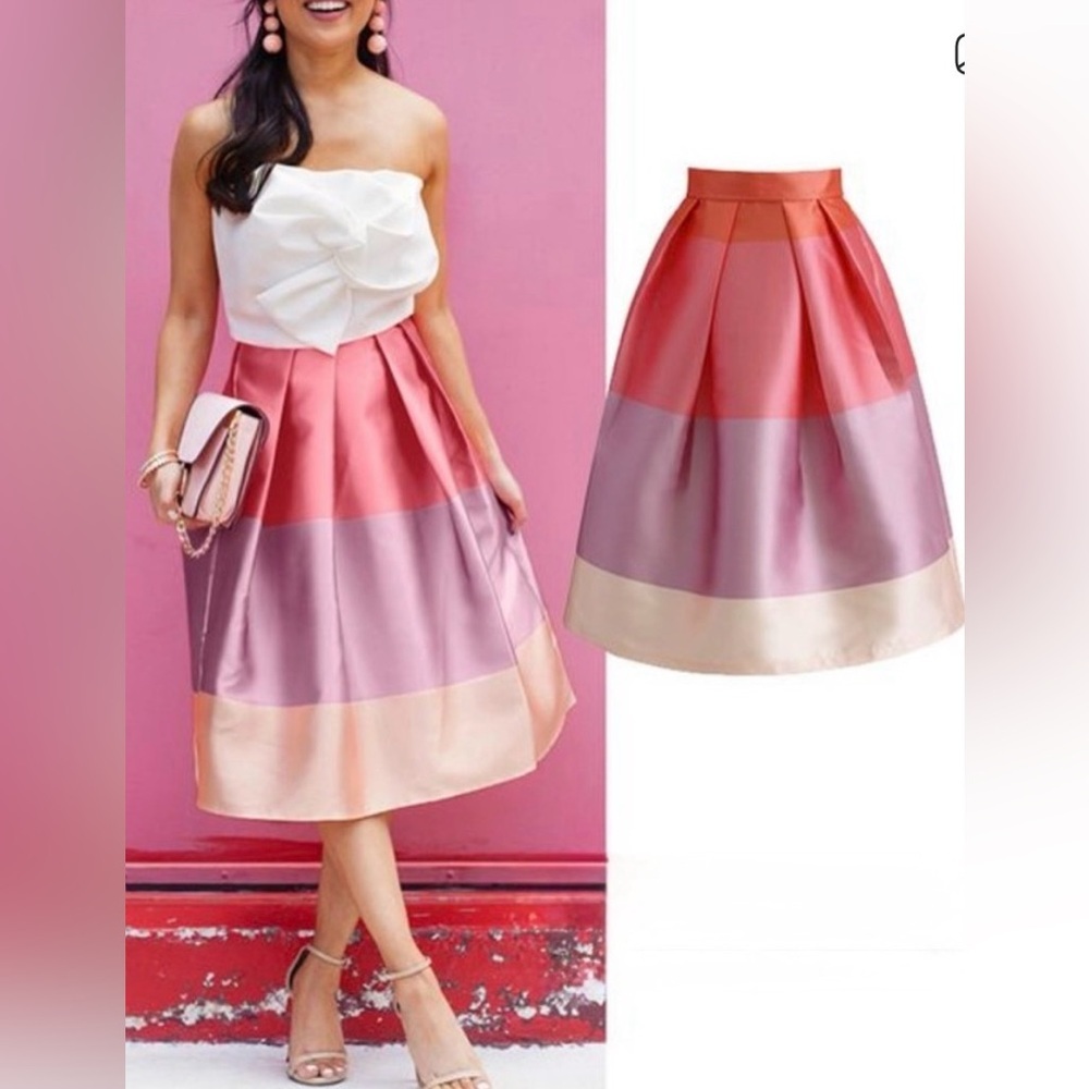 Chicwish Lollipops Color Block Pleated Midi Skirt Pink Purple cream Orange XS